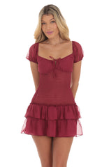 Smocked Ruffle Dress in Maroon