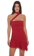 Asymmetrical Mesh Scarf Dress in Red