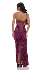 Velvet Sequin Back Bow Maxi Dress in Plum