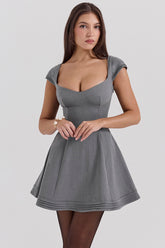 french grey fitted mini dress with voluminous skirt