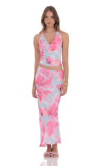 Floral Cowl Neck Halter Top in Blue and Pink