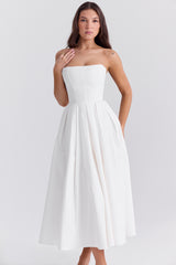 white strapless midi sundress