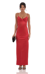 Satin Front Bow Maxi Dress in Red