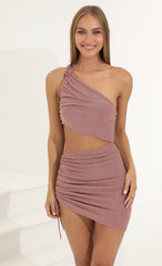 Dotted Ruched Cutout Dress in Mauve