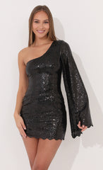 Flare One Sleeve Sequin Dress in Black