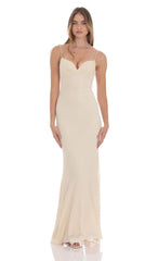 Rhinestone Mesh Open Back Maxi Dress in Beige