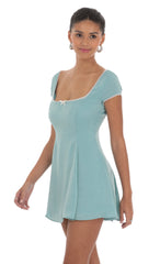 Satin Short Sleeve A-line Dress in Aqua Blue
