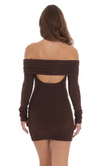 Ribbed Off Shoulder Open Back Dress in Brown