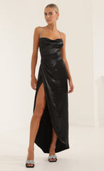 Satin Luxe Rhinestone Strap Maxi Dress in Black