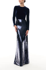 Velvet & Sequin Long Sleeve Gown