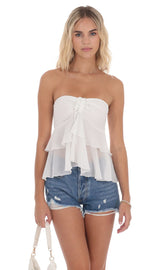 Chiffon Strapless Ruffle Top in White