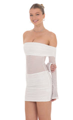 Rhinestone Mesh Off Shoulder Dress in White
