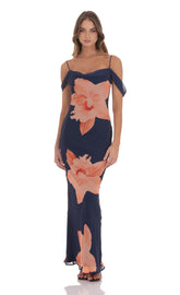 Orange Floral Off Shoulder Maxi Dress in Navy