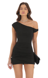 Off Shoulder Ruched Bodycon Dress in Black