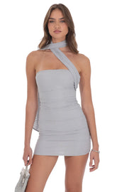 Scarf Rhinestone Mesh Bodycon Dress in Grey