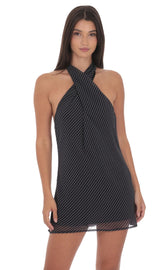 Pinstripe Cross Halter Dress in Black