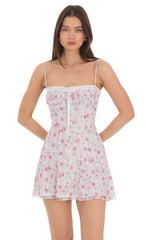 Lace Floral Front Tie Dress in White