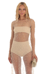 Pearl Mesh Dress in Beige