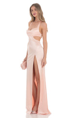 Satin Cutout Maxi Dress in Peach