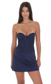 Draped Waist Lace Corset Dress in Navy