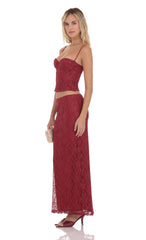 Gold Thread Lace Maxi Skirt in Burgundy