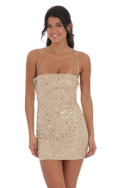Sequin Ruffle Mini Dress in Gold