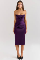 grape satin strapless midi dress