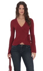 LaceTrim Wrap Top in Burgundy