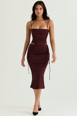 wine satin lace up midi skirt