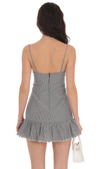 Pinstripe Scallop Ruffle Dress in Grey