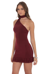 Scarf Halter Ruffle Dress in Burgundy