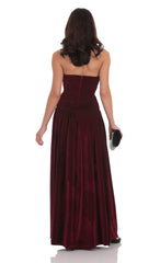 Velvet Ruched Drop Waist Maxi Dress in Wine