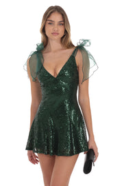 Sequin Shoulder Ties Dress in Green