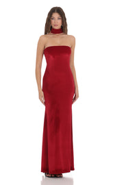 Velvet Reverse Halter Maxi Dress in Red