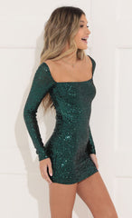 Square Neck Dress in Green Sequins