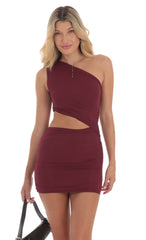 Mesh One Shoulder Cutout Dress in Maroon