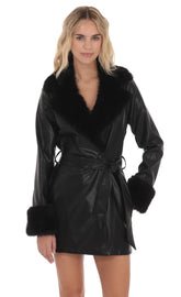 Faux Fur Leather Trench in Black