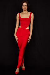 scarlet satin low waist midi skirt