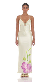 Satin Front Tie Floral Maxi Dress in Pastel Green