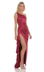 Satin Off Shoulder Maxi Dress in Maroon