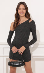 Shimmer Shoulder Cutout Dress in Black