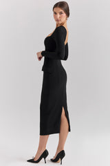 black stretch crepe long sleeve midi dress