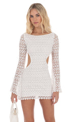 Floral Crochet Long Sleeve Dress in White