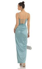 Satin Rhinestone Maxi Dress in Teal