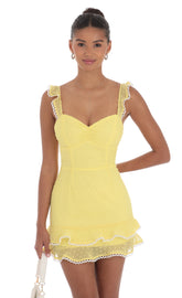 Dotted Chiffon Sweetheart Dress in Yellow