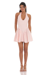 Striped Crinkle Halter Dress in Pink