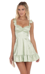 Satin Ruffle Fit and Flare Dress in Pastel Green