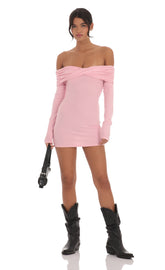 Twist Ribbed Off Shoulder Sweater Dress in Pink