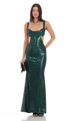 Sequin Cutout Maxi Dress in Green