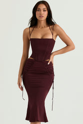 wine satin lace up midi skirt